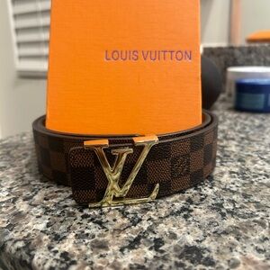 Louis Vuitton Checkered Brown Belt with Gold LV Buckle